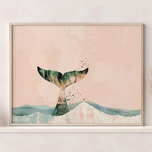Póster de cola de ballena imprimible, decoración de pared rosa, impresión del océano, decoración de pared para guardería, obra de arte de cola de ballena, guardería costera, decoración de verano, impresión de peces