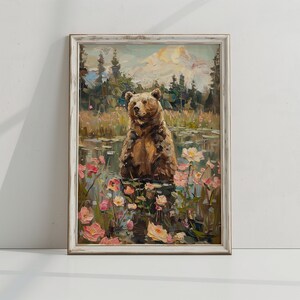 Woodland Bear Print, Nature Art, Floral Wall Art, Wildlife Painting, Rustic Cabin Print, Digital Download, Meadow, Printable Wall Decor S599