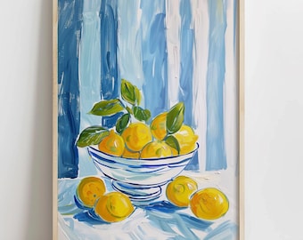 Trendy Blue Stripe Lemons Kitchen Art, PRINTABLE Fruit Kitchen Decor, Trendy Citrus Modern Wall Art, Abstract Kitchen Dining Wall Decor