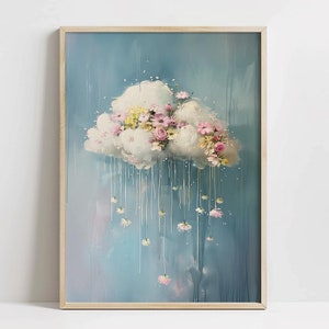Peut inclure: Une peinture encadrée d'un nuage blanc avec des fleurs roses et jaunes sur un fond bleu. Les fleurs tombent du nuage comme de la pluie.