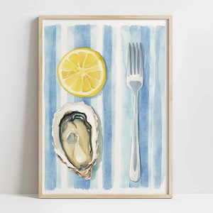 Trendy Blue Stripe Oyster Kitchen Art, PRINTABLE Beachy Home Decor, Trendy Oysters Beach Cottage Wall Art, Coastal Kitchen Wall Decor