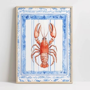 Trendy Blue Red Lobster Art Print, AFDRUKBAAR Beachy Home Decor, afdrukbare Grandmillenial Beach Cottage kunst aan de muur, poster print zeevruchten