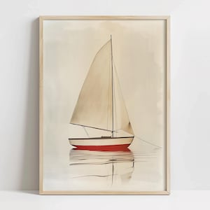 May include: A framed watercolor painting of a sailboat with a white sail and a red hull. The sailboat is sailing on a calm body of water with a light blue sky in the background.
