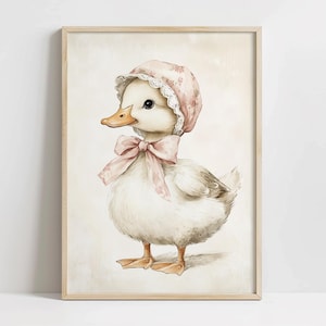 May include: A watercolor painting of a duckling wearing a pink bonnet with a bow. The duckling is facing the right side of the image and has a light brown beak and yellow feet.