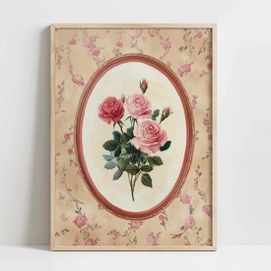 Vintage Cottagecore Pink Roses Print, PRINTABLE Flower Vignette Wall Art, Muted Farmhouse Decor, Romantic Aesthetic, Rustic Floral Painting