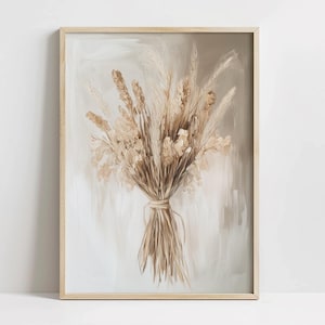 May include: A framed print of a bouquet of dried grasses and flowers in shades of beige and brown. The bouquet is tied together with a brown ribbon and is set against a light beige background.