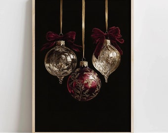 Moody Vintage Burgundy Christmas Ornaments Painting, PRINTABLE Holiday Wall Art, Moody Classic Christmas, Dark Cottagecore Victorian Gothic