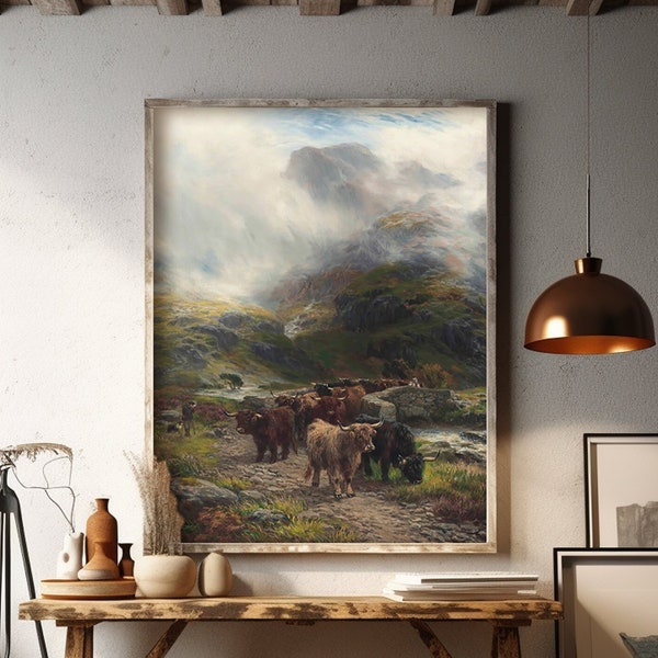 Highland Cow Painting, Vintage Scotland, Highland Cow Picture, Antique Oil Painting, Rustic Art, Instant Download, 19th Century, Cow Art