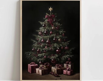 Moody Vintage Burgundy Christmas Tree Painting, PRINTABLE Muted Holiday Wall Art, Moody Classic Christmas, Dark Cottagecore Victorian Gothic