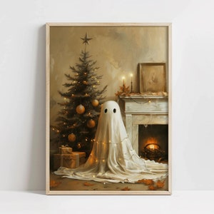May include: A white ghost stands in front of a fireplace with a lit fire. A Christmas tree with orange baubles is decorated with fairy lights in the background. The scene is painted in a vintage style.