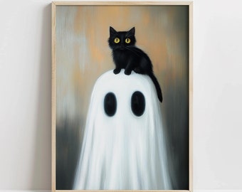 May include: A black cat with yellow eyes sits on top of a white ghost with two black eyes. The ghost and cat are painted in a realistic style against a brown background.