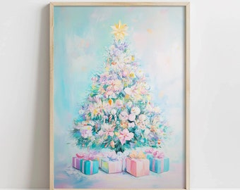 Arte de pared con árbol de Navidad en tonos pastel, guardería de invierno imprimible, decoración navideña en rosa pastel, decoración navideña de temporada, lindas impresiones navideñas