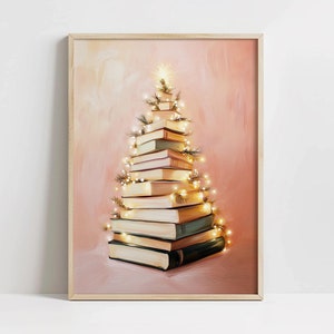 Festive Book Christmas Tree Painting, PRINTABLE Christmas Book Stack Still Life Wall Art Print, Vintage Holiday Rustic Print, Bookworm Decor