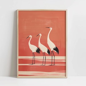 Decoración de dormitorio preppy, arte minimalista de aves, grullas japonesas, vibraciones retro, póster de aves, impresión descargable, decoración minimalista, estética retro