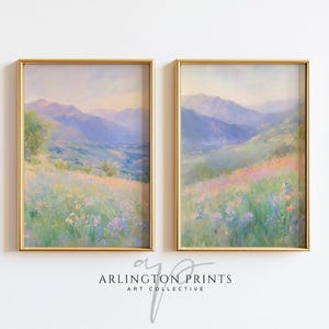 Soft Pastel Flower Meadow Print Set, Spring Countryside Landscape Art, PRINTABLE Spring Wildflower Home Decor, Pink Nursery Floral Prints