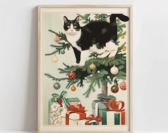 May include: A black and white cat perched on a Christmas tree decorated with ornaments and red and green ribbons. The cat is looking to the left of the image. There are wrapped presents underneath the tree.