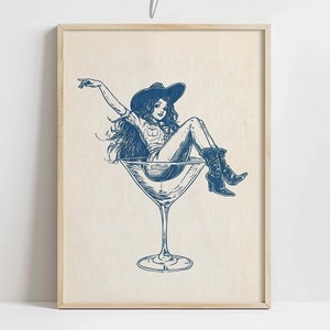 Retro Coastal Cowgirl Art, DRUKARNA Koktajlowa Sztuka Ścienna, Wydruk Dziewczęcego Wózka Barowego, Plakat Coupe Glass, Uroczy Plakat Do Apartamentu, Wydruk Do Pokoju W Akademiku