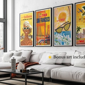 Vintage Reise Poster Set, Kalifornien, Sommer Wandkunst, digitaler Download Poster Druck, Wohnkultur, bunt, Mid Century Modern Prints