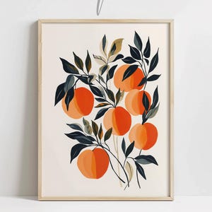 Retro Peaches Kitchen Art, PRINTABLE Fruit Kitchen Decor, Colorful Summer Wall Art, Modern Art Style Poster Print, Peach Tree Illustration