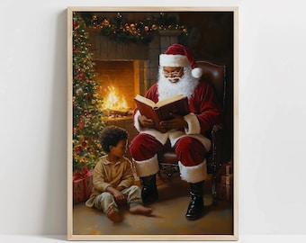 May include: A Black Santa Claus wearing a red suit and white beard sits in a chair by a fireplace, reading a book to a young Black child wearing a brown shirt. The scene is set in front of a decorated Christmas tree.