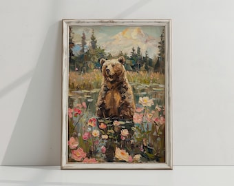 Woodland Bär Druck, Natur Kunst, Blumen Wandkunst, Wildtiere Malerei, rustikale Cabin Print, digitaler Download, Wiese, druckbare Wanddekoration
