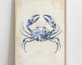 Blue Coastal Floral Crab Print, PRINTABLE Beachy Nursery Decor, Trendy Blue Chinoiserie Wall Art, Blue Flower Pattern Ocean Animal Art