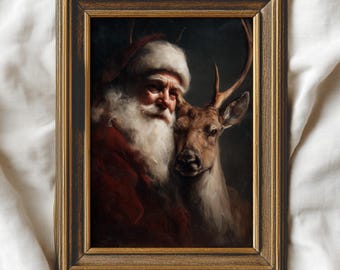 Moody Santa and Deer Portrait Print, PRINTABLE Vintage Style Christmas Wall Art, Classic Holiday Home Decor,  Christmas Reindeer Art