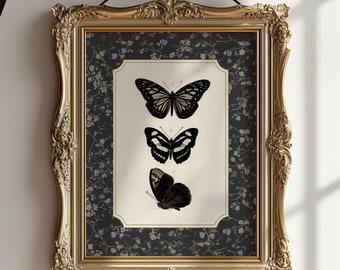 Dark Cottagecore Butterfly Print, PRINTABLE Gothic Nature Art, Moody Vintage Black Butterflies, Dark Academia, Goblincore, Gothcore Decor