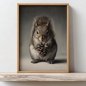 Cute Squirrel with Pinecone Print, PRINTABLE Woodland Animal Wall Art, Rustic Autumn Nursery Decor, Fall  Winter Forest Animal Artwork