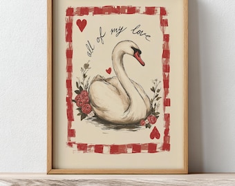 Arte mural de cisne de San Valentín, póster romántico estilo cottagecore, imprimible de amor vintage, decoración rústica para el hogar n.° 2322