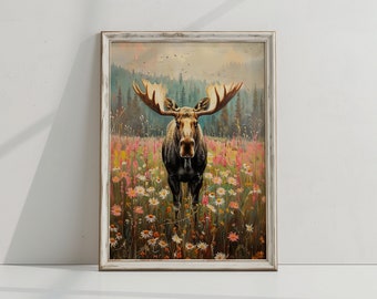 Woodland Moose Print, Nature Art, Floral Wall Art, Wildlife Painting, Rustic Cabin Print, Digital Download, Meadow, Printable Wall Decor