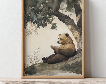 Bear Reading A Book Print, PRINTABLE Whimsical Woodland Bookworm Wall Art, Gender Neutral Nursery Art, Printable Vintage Kids Room Print