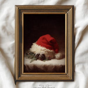 Traditional Christmas Still Life Print, PRINTABLE Rustic Santa Claus Hat Wall Art, Winter Wall Decor, Festive Farmhouse Christmas Art