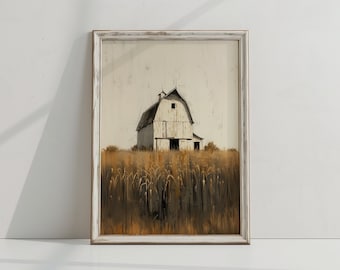 May include: A framed painting of a white barn in a field of tall grass. The barn has a brown roof and a single door. The grass is a muted yellow and brown color.