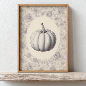 May include: A framed print featuring a white pumpkin illustration. The pumpkin is centered within an oval against a floral patterned background. The frame is a light brown color, and the print is displayed on a wooden shelf.