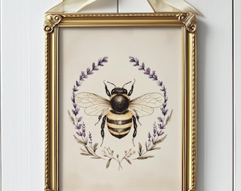 Vintage Cottagecore Bee Wall Art, PRINTABLE Country Honeybee Botanical Prints, Save The Bees Poster, Farmhouse Style Insect Wall Decor
