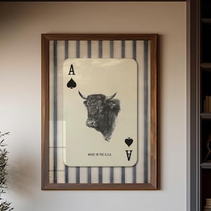 Bull Ace speelkaart afdrukbare kunst, decor western cowboy, vintage rustieke muur downloaden #6511