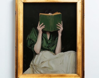 Dark Academia Wall Art Printable, Woman Reading Book Painting, Moody Literary Decor, Digital Download Library Poster, D125