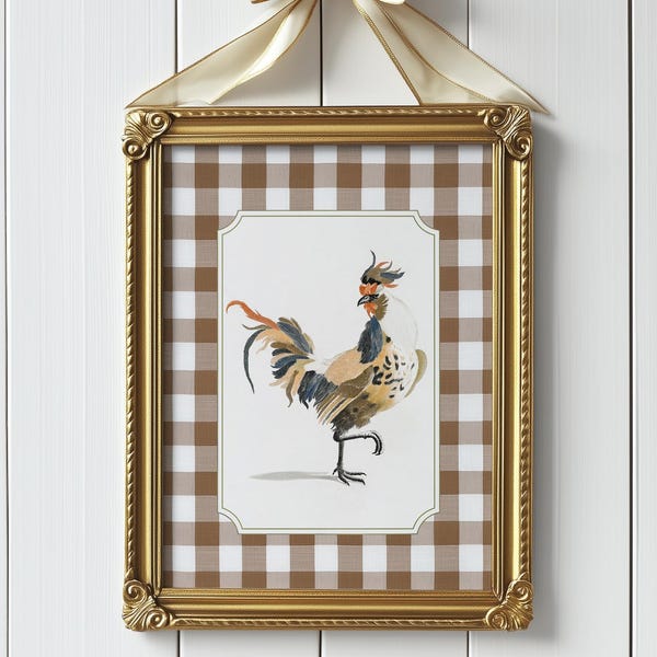 Vintage Chicken Kitchen Art, PRINTABLE Gingham Farmhouse Kitchen Decor, Antique Rooster Wall Art, Brown Plaid Cottagecore, Nancy Meyers