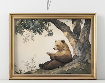 Whimsical Bear Reading A Book Print, PRINTABLE Woodland Bookworm Wall Art, Gender Neutral Nursery Art, Printable Vintage Kids Room Print