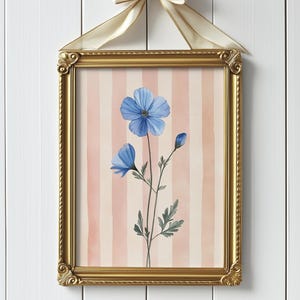 Vintage Pink Striped Floral Art, Printable Grandmillenial Botanical Prints, Nancy Meyers Inspired Art, Delicate Feminine Blue Flower Art