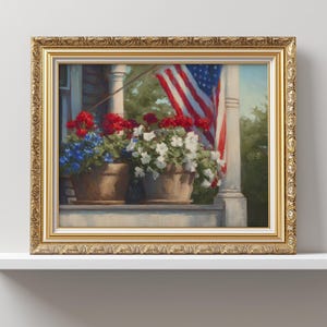 Americana Porch Art Print, Flag and Flowers Printable, Vintage Summer Decor, Red White Blue Patriotic Wall Art, American Flag Home Decor