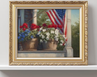Americana veranda konsttryck, flagga och blommor utskrivbara, vintage sommardekor, röd vit blå patriotisk väggkonst, amerikansk flagga heminredning