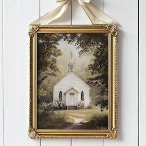 Little Country Church Wall Art, PRINTABLE Vintage White Chapel Print, Rustic Farmhouse Decor, Vintage Country Landscape, Religion Home Decor