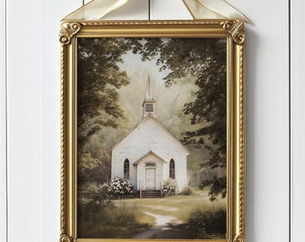 Little Country Church Wall Art, PRINTABLE Vintage White Chapel Print, Rustic Farmhouse Decor, Vintage Country Landscape, Religion Home Decor