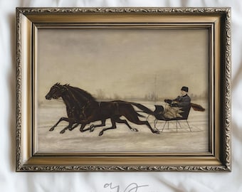 Rustic Victorian Sleigh Ride Wall Art, PRINTABLE Muted Antique Horse Painting, Cozy Cabin Winter Print, Fine Art Reproduction, T704