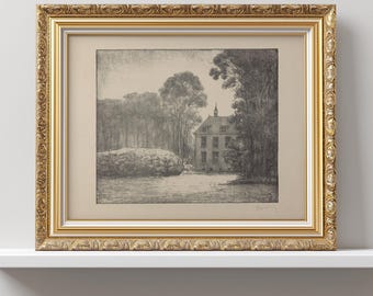 Vintage Moody European Manor House Sketch, PRINTABLE Wall Art, Dark Rustic Home Decor, Winter Fall Cabin Decor, Dutch Lithograph Art Print