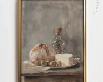 May include: A still life painting of a loaf of bread, a wedge of cheese, olives, and a bottle of olive oil with herbs. The painting is done in muted tones of brown, beige, and green.