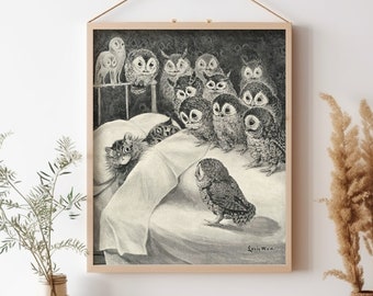 Art vintage de chat, Louis Wain, Cat's Nightmare, hiboux, téléchargement immédiat, beaux-arts, impression vintage, décoration d'intérieur, art mural