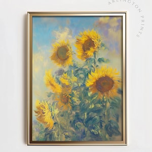 Bunte Vintage Sonnenblumen Malerei, DRUCKBARE Blumen Kunst, lebendige Garten Wohnkultur, Kunst im Impressionismus-Stil, Cottagecore Sonnenblume Poster
